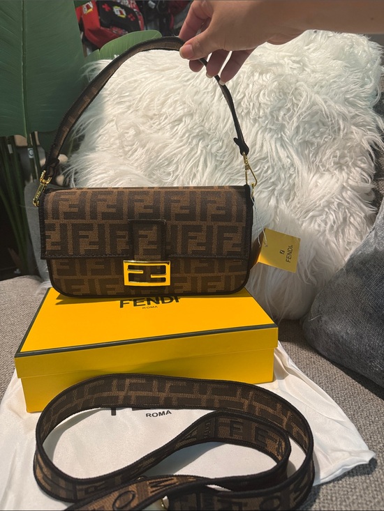 no brand Handbags - Fendi Brown FF Monogram Baguette Shoulder Bag with Gold Buckle
